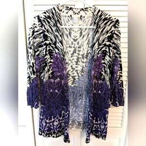 Chicos Open Cardigan Women sz S (0) 3/4 Sleeves B/W Animal Print Purple Paisley